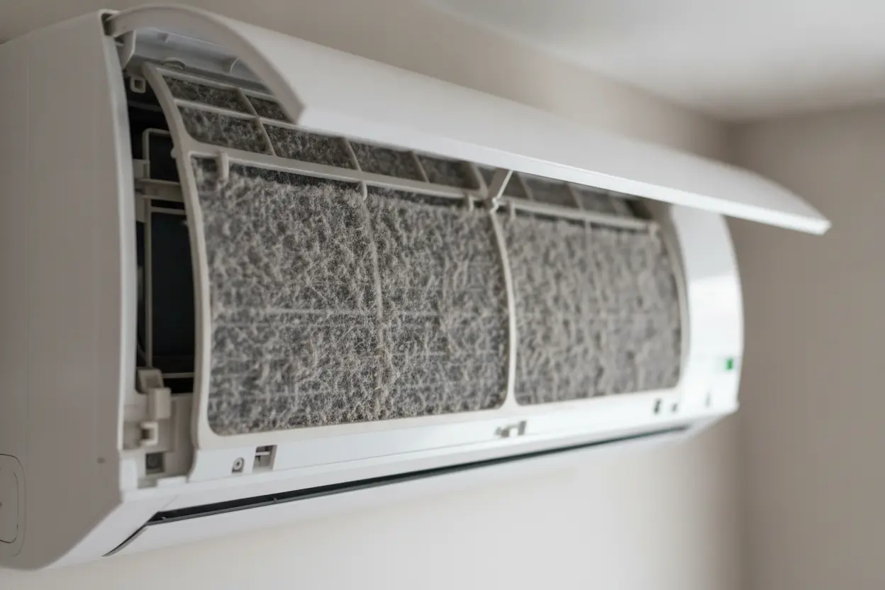 Avant : condenseur de climatisation encrassé par poussière et feuilles à Carpentras