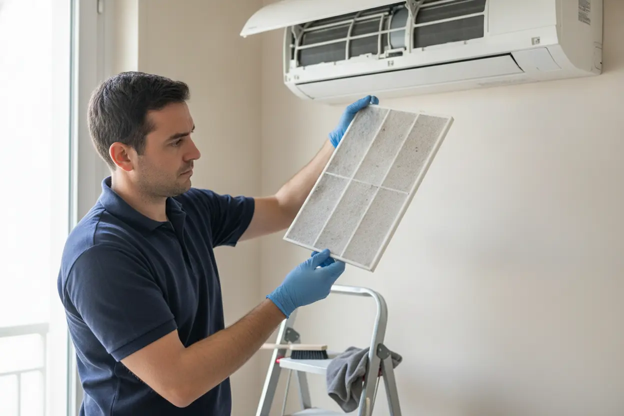 Technicien nettoyant les filtres d'un climatiseur réversible à Carpentras