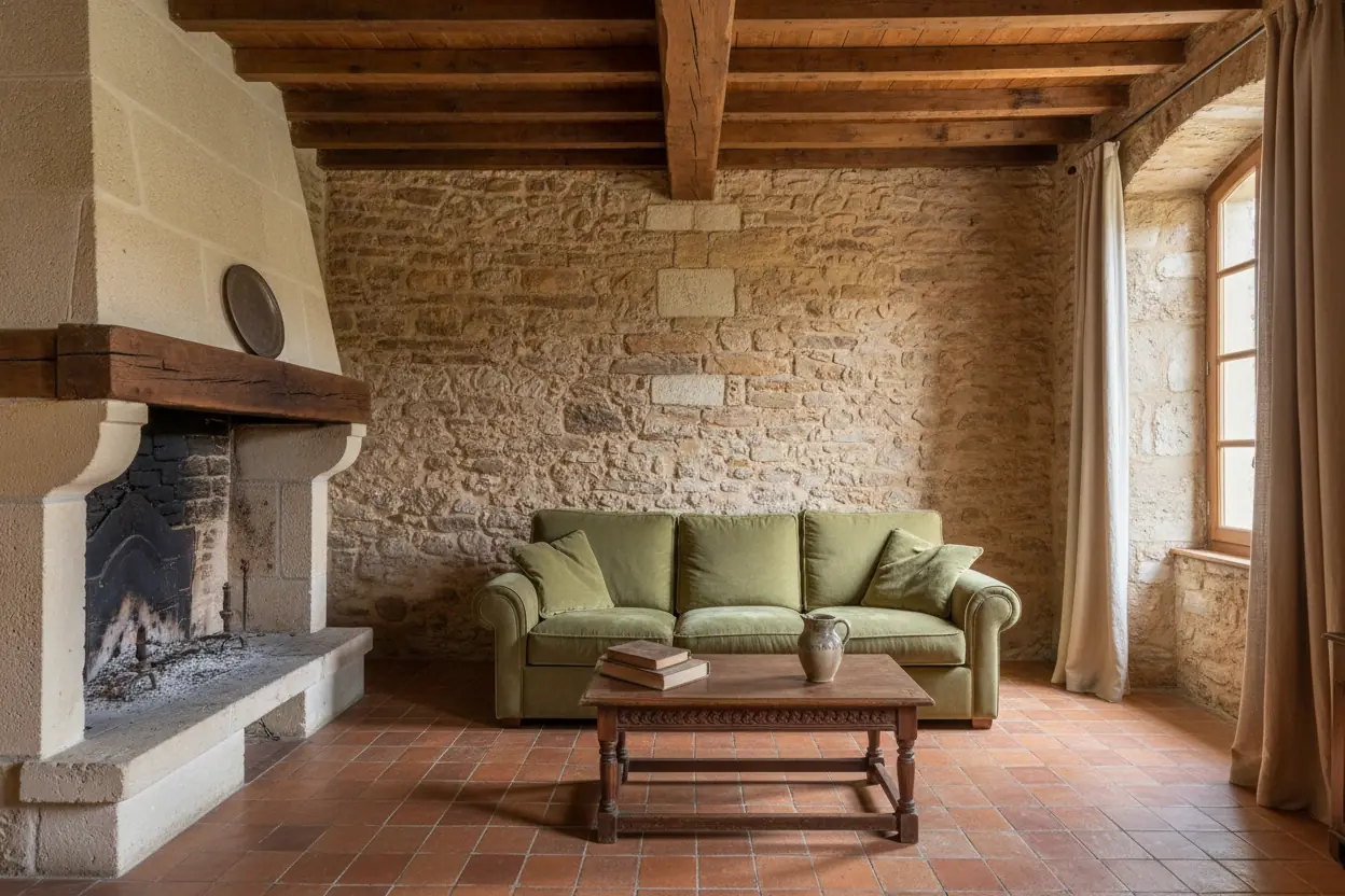 Avant : mur en pierre sans climatisation dans une maison de village à Carpentras