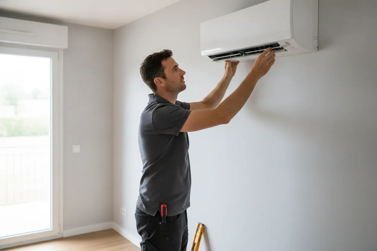 Artisan frigoriste posant une unité intérieure de climatisation split à Carpentras