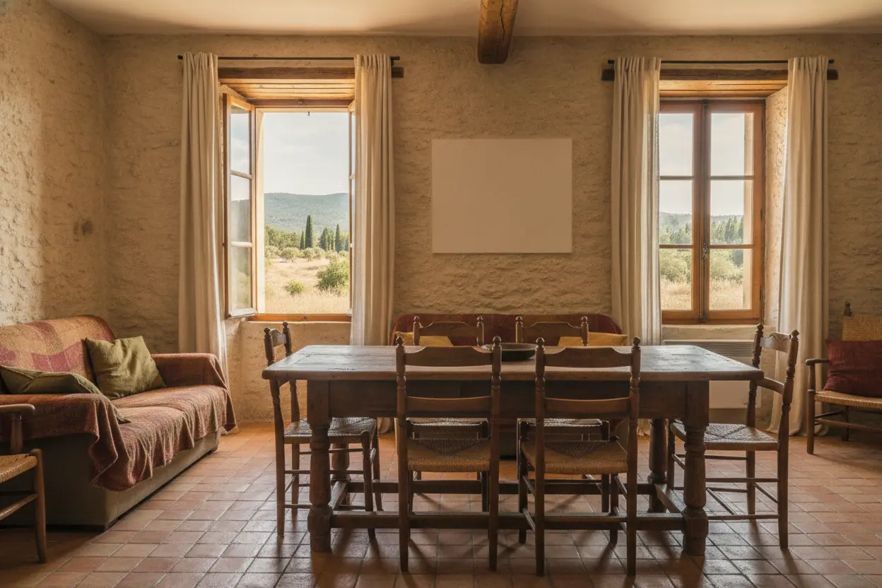 Intérieur d'un mas provençal à Bédoin sans climatisation, mur en pierre apparente